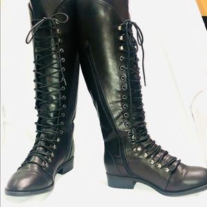 Knee High Lace Up Wide Calf Boots- zipper shaft